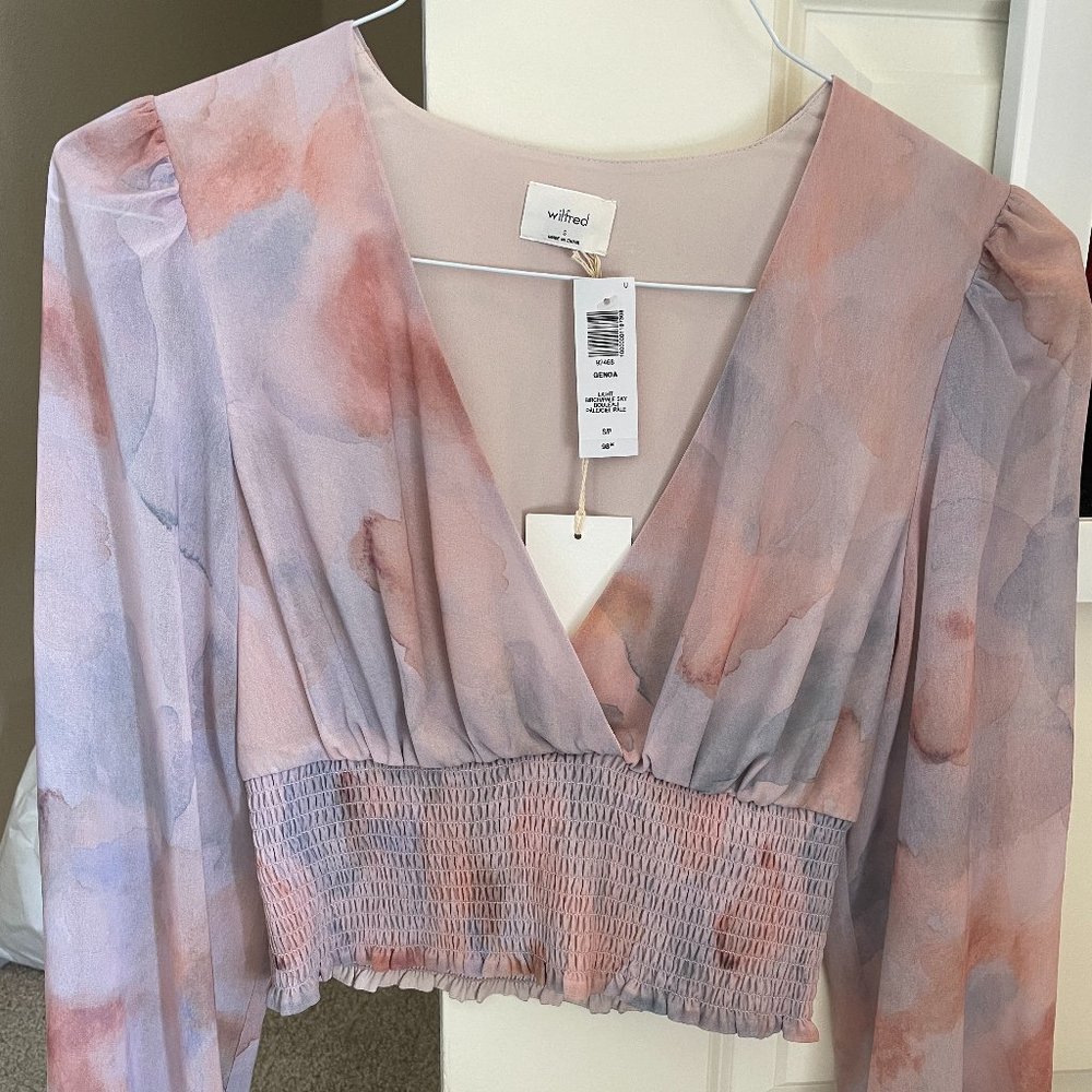 NWT S Aritzia Wilfred Light Birch/Pale Sky Cropped Blouse